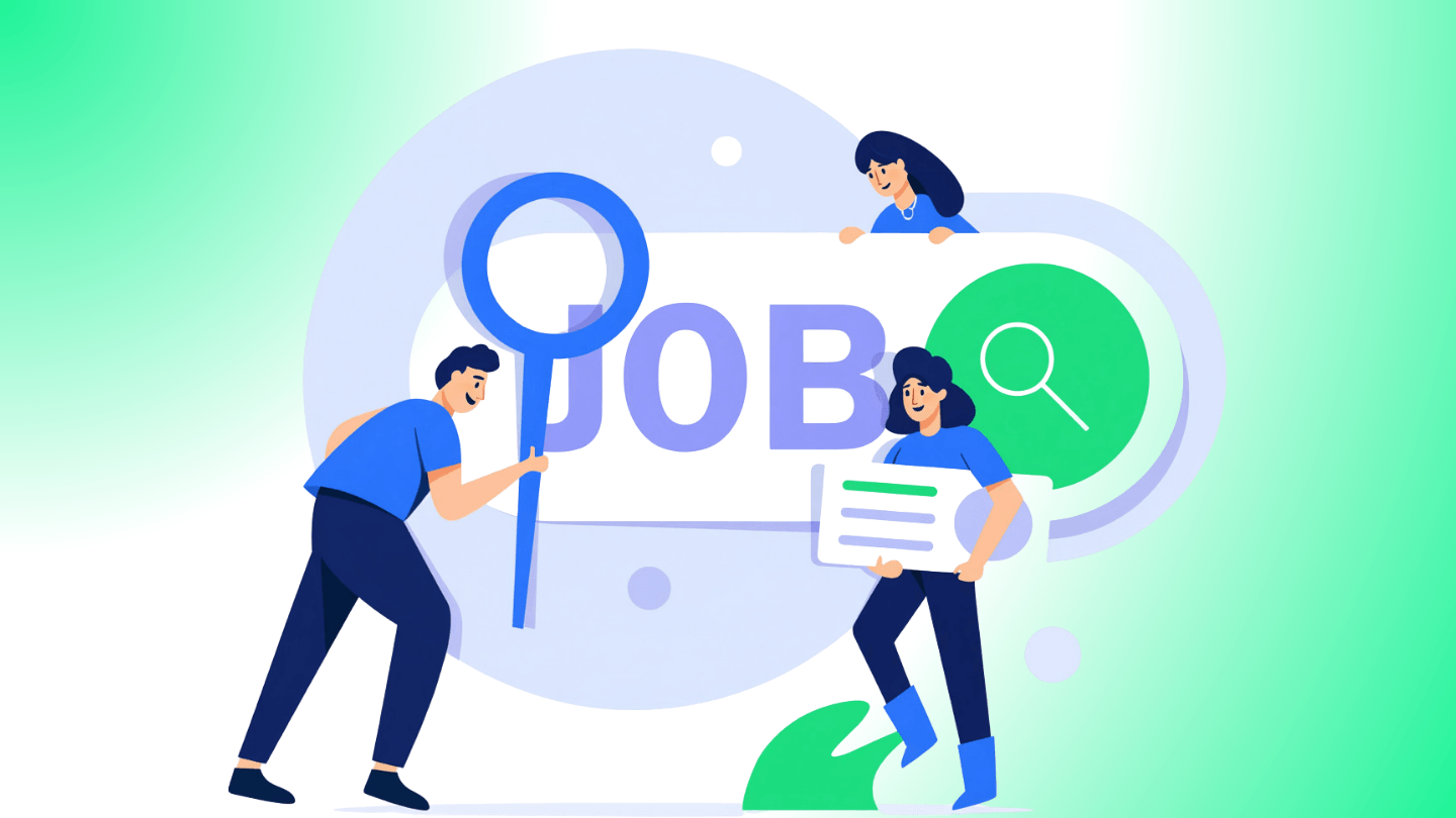 Illustration of two professionals using magnifying glasses to find their next job